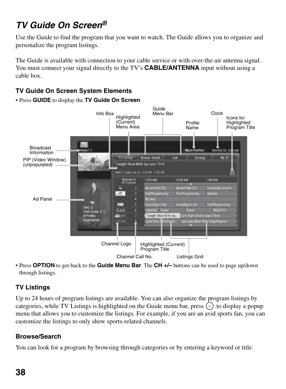 Tv guide on screen, Ge 38, 38 tv guide on screen | Sony KDL-52XBR9 User Manual | Page 38 / 48