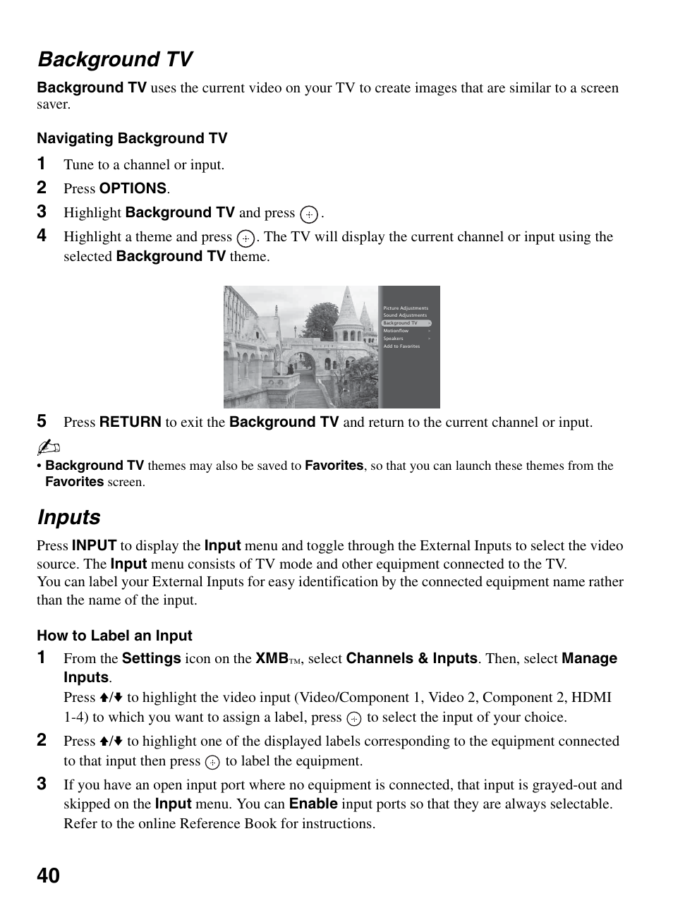 Background tv, Inputs, Background tv inputs | 40 background tv | Sony KDL-52XBR9 User Manual | Page 40 / 48