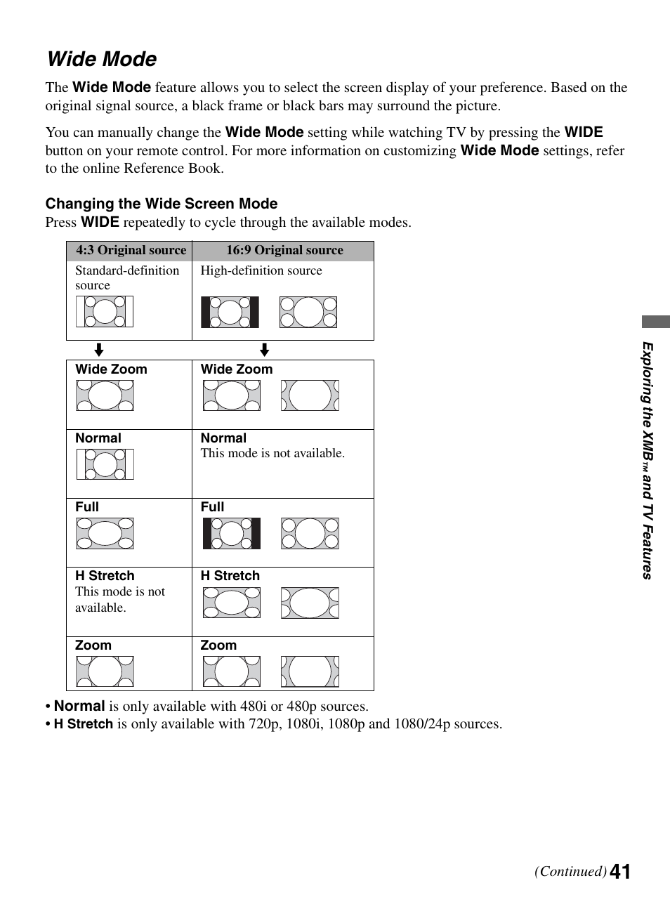 Wide mode, 41 wide mode | Sony KDL-52XBR9 User Manual | Page 41 / 48