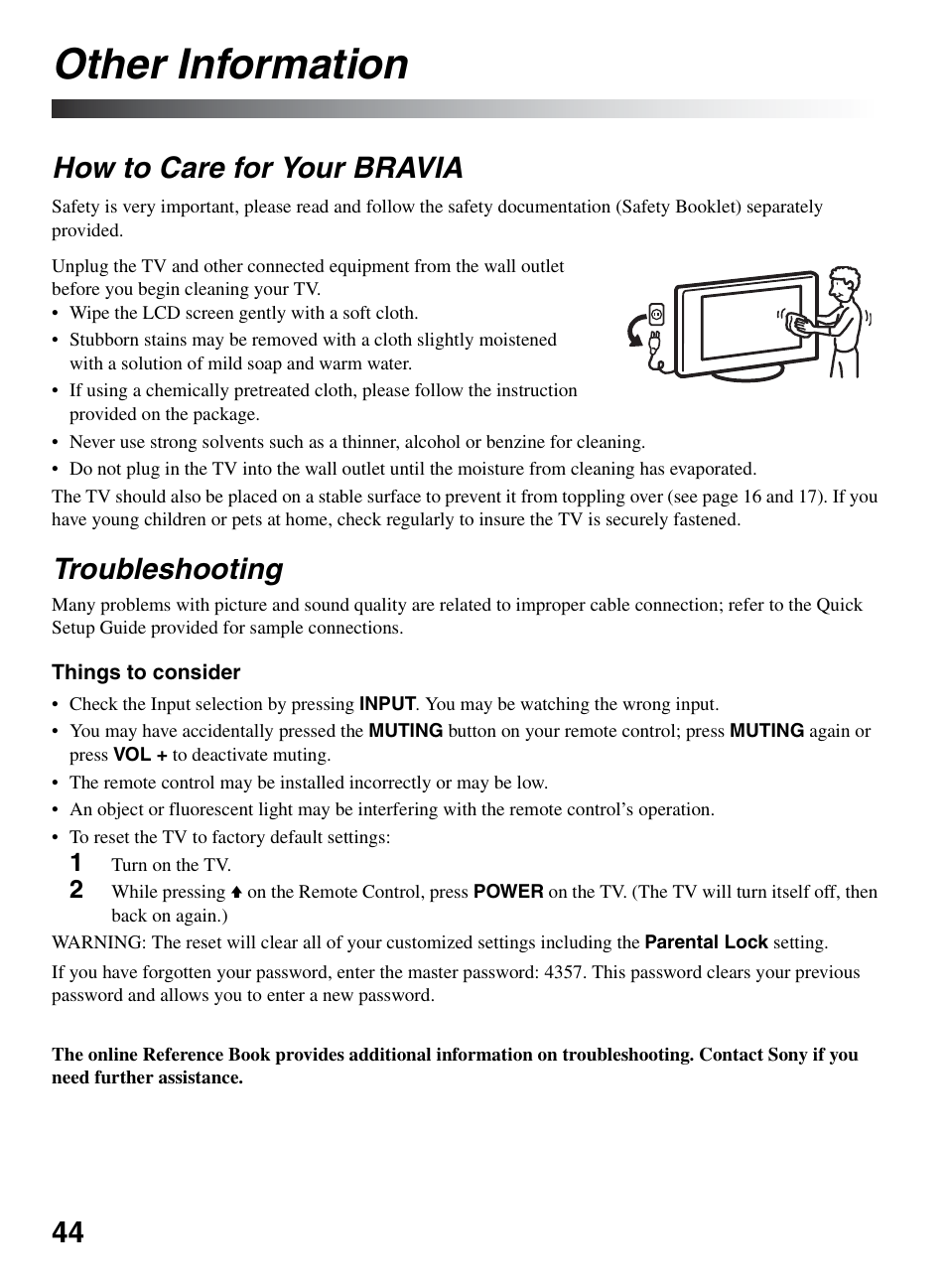 Other information, How to care for your bravia, Troubleshooting | How to care for your bravia troubleshooting | Sony KDL-52XBR9 User Manual | Page 44 / 48