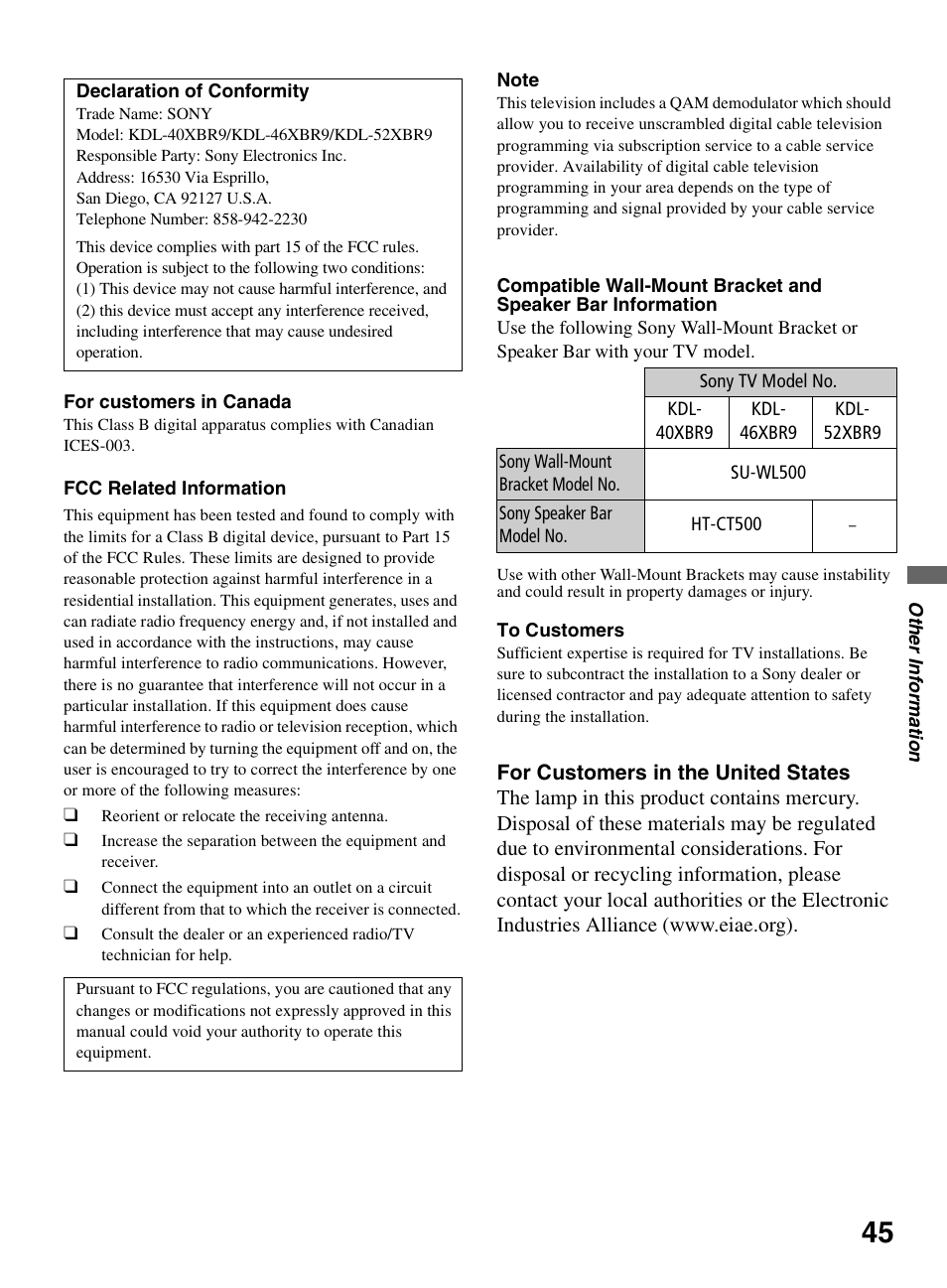 Sony KDL-52XBR9 User Manual | Page 45 / 48