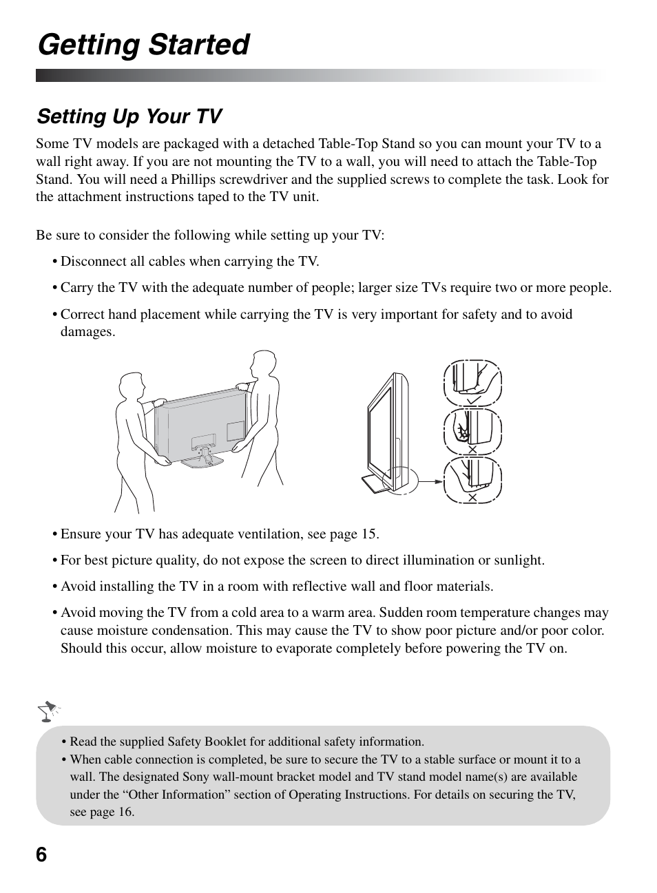 Getting started, Setting up your tv | Sony KDL-52XBR9 User Manual | Page 6 / 48