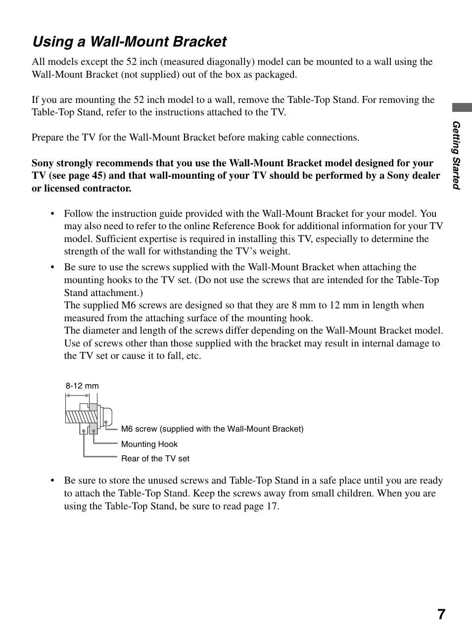 Using a wall-mount bracket, 7using a wall-mount bracket | Sony KDL-52XBR9 User Manual | Page 7 / 48