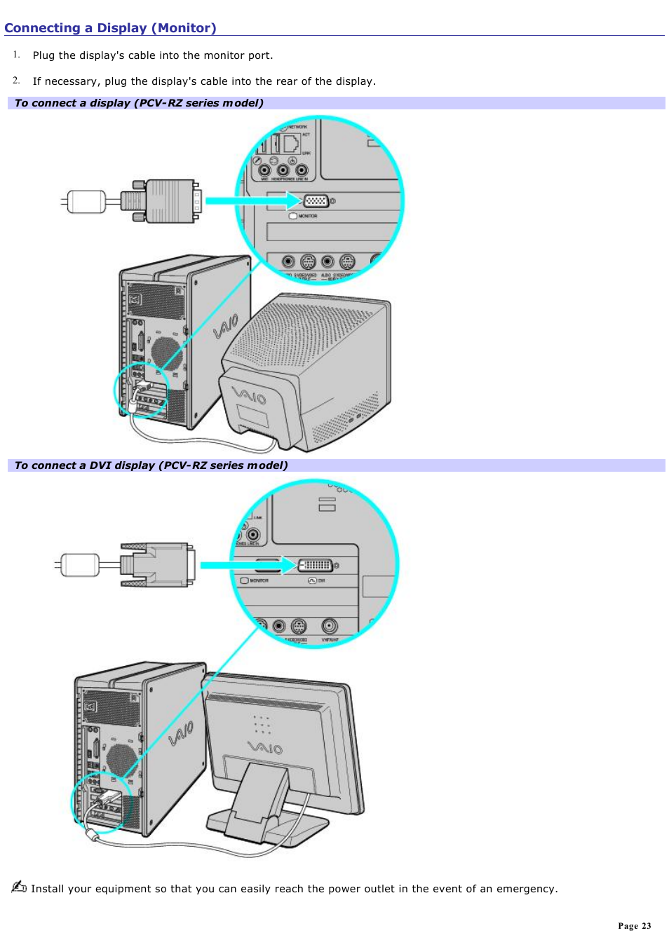 Connecting a display (monitor) | Sony PCV-RZ20C User Manual | Page 23 / 87