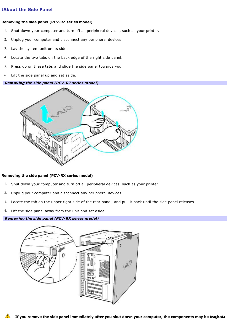 About the side panel | Sony PCV-RZ20C User Manual | Page 44 / 87