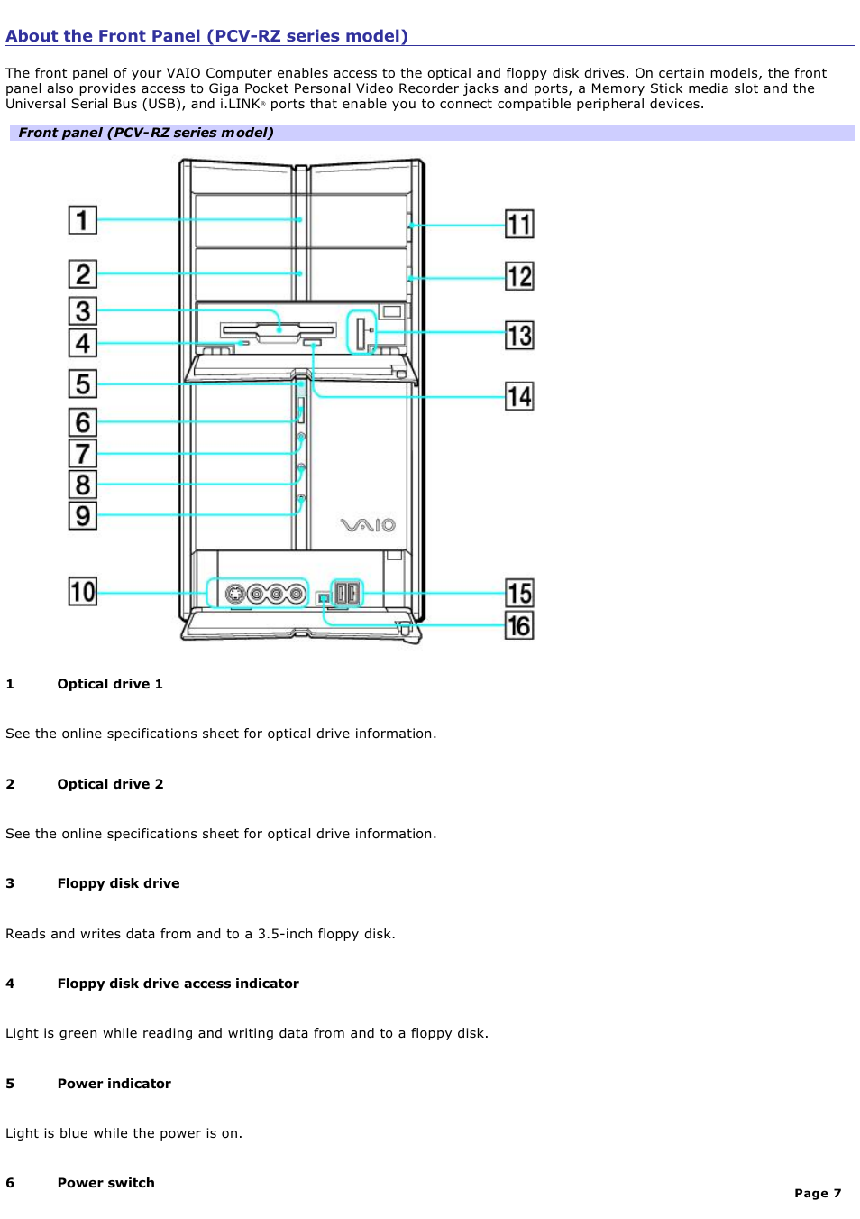 About the front panel (pcv-rz series model) | Sony PCV-RZ20C User Manual | Page 7 / 87