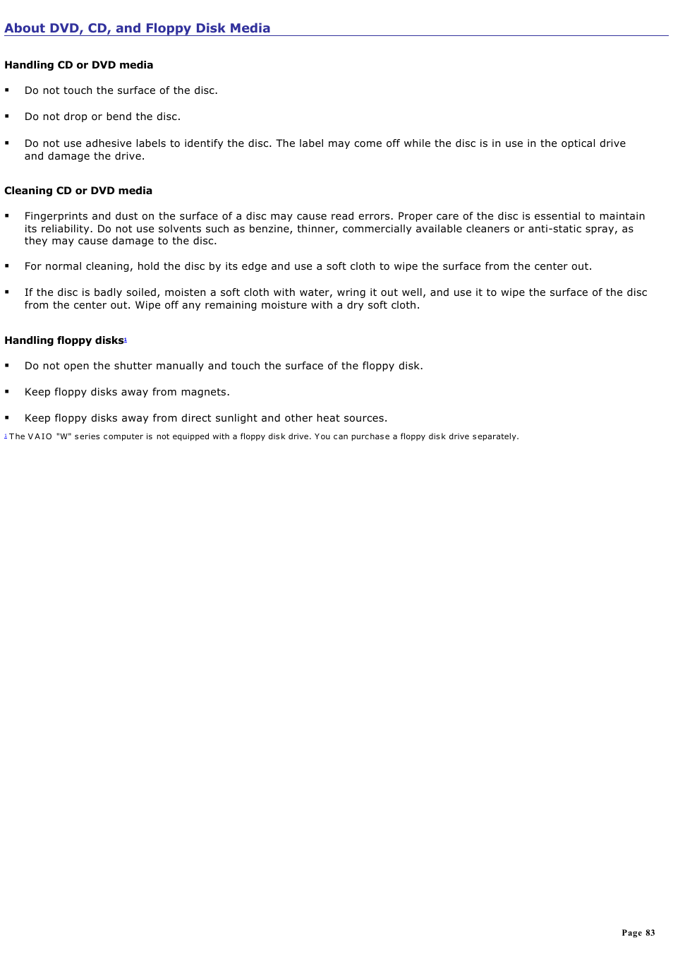 About dvd, cd, and floppy disk media | Sony PCV-RZ20C User Manual | Page 83 / 87