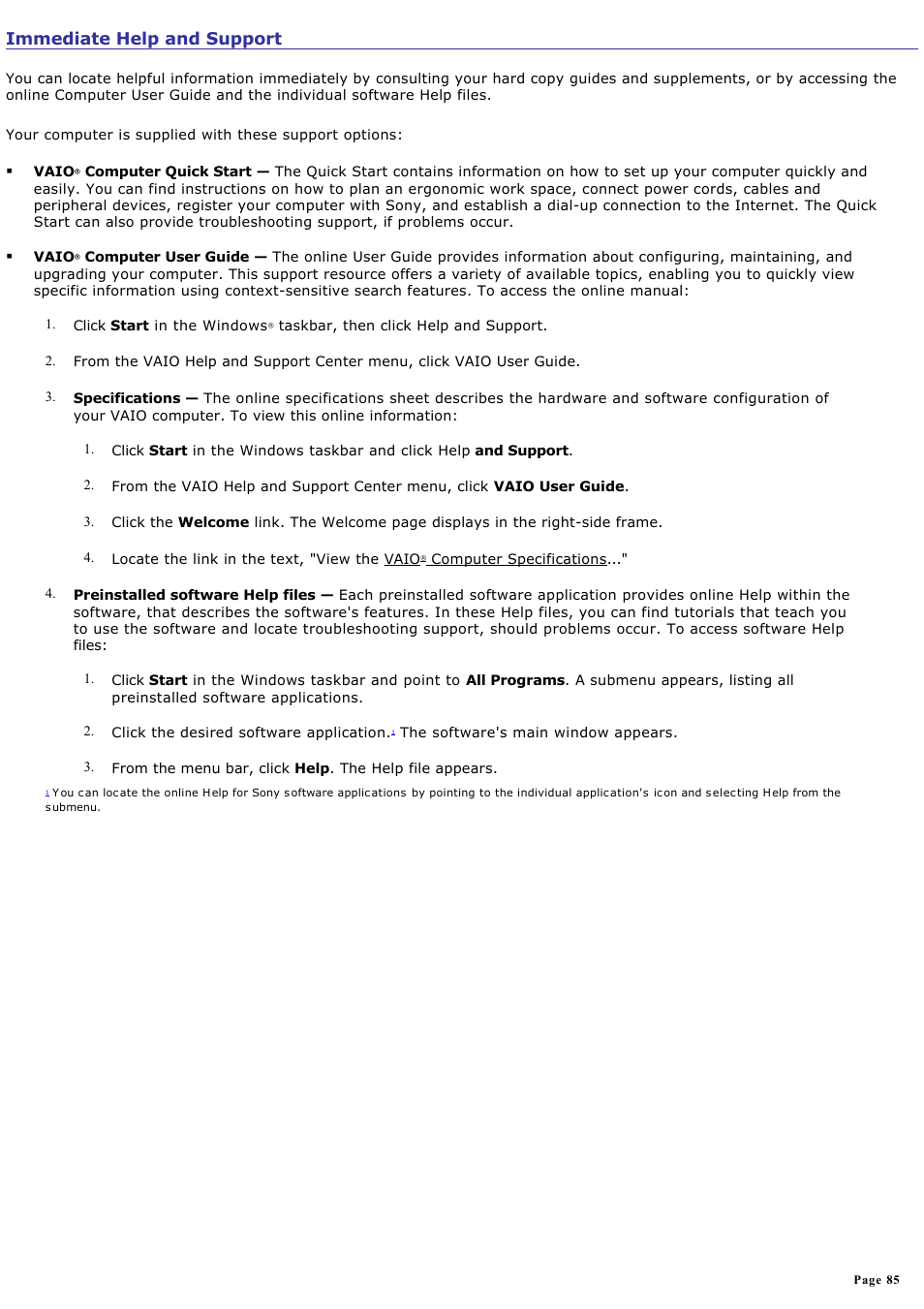 Immediate help and support | Sony PCV-RZ20C User Manual | Page 85 / 87