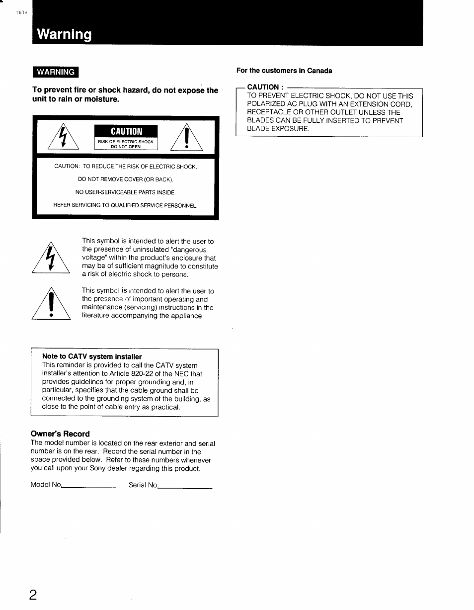 Warning | Sony STR-AV770X User Manual | Page 2 / 27