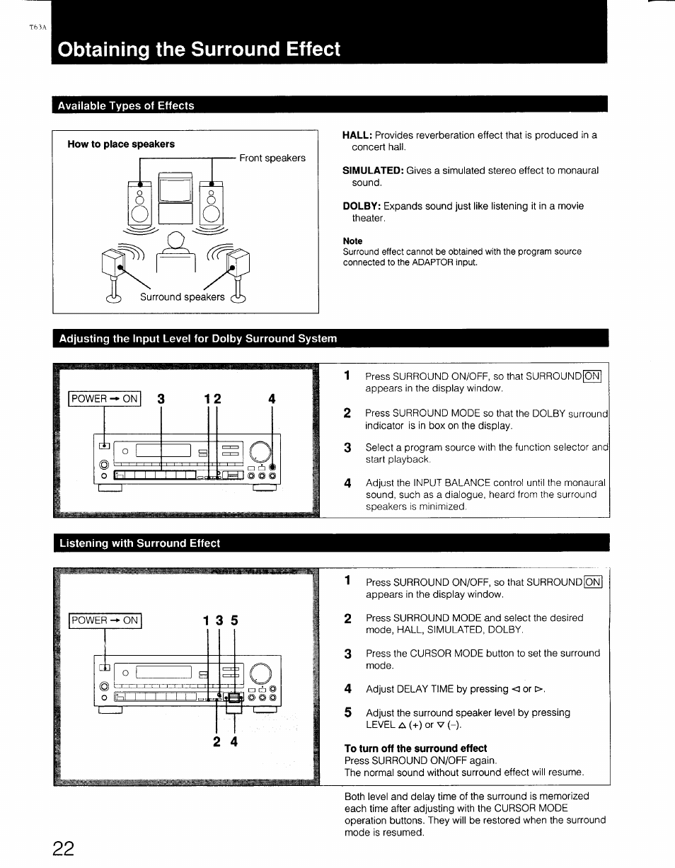 Obtaining the surround effect, Note | Sony STR-AV770X User Manual | Page 22 / 27