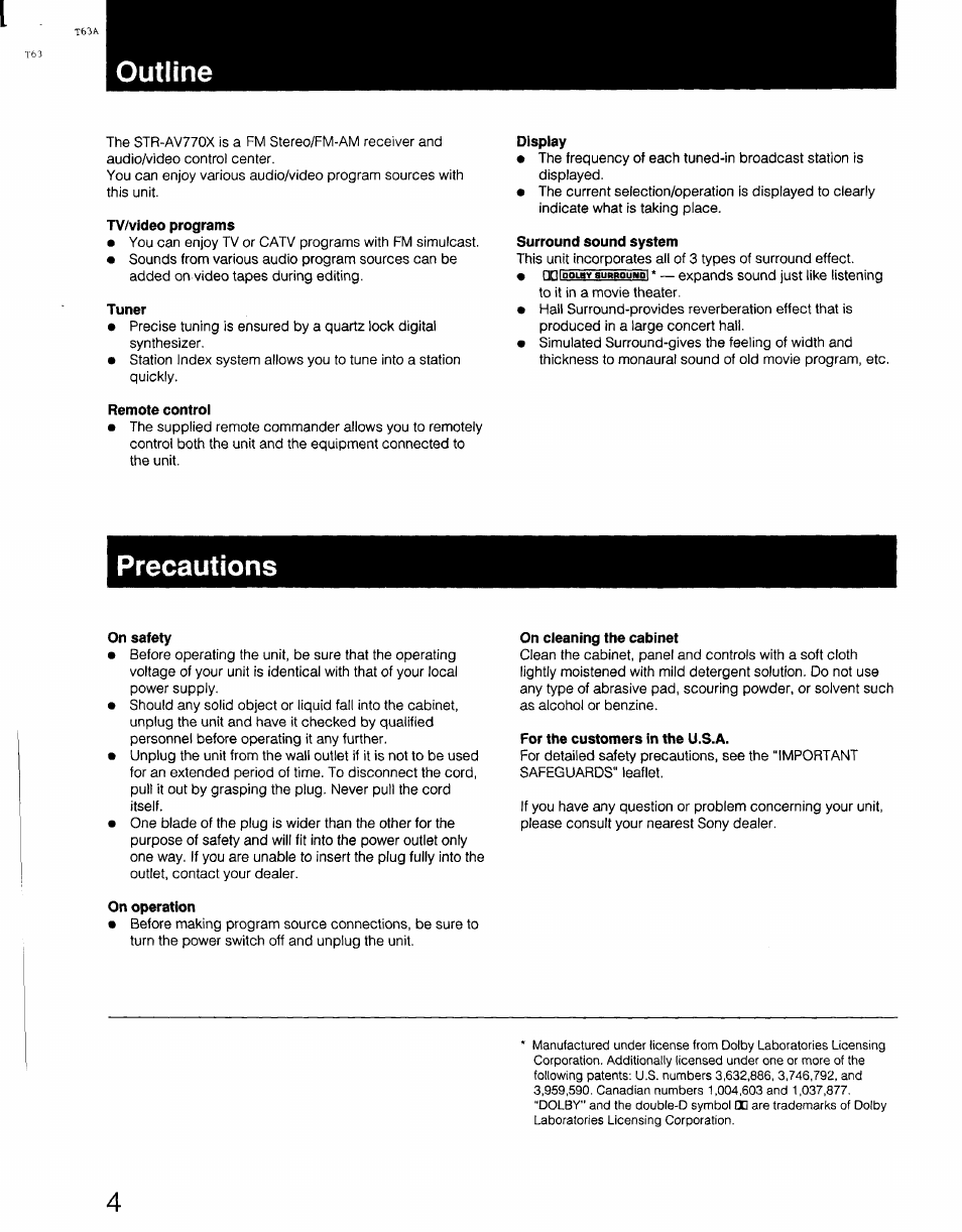 Precautions | Sony STR-AV770X User Manual | Page 4 / 27