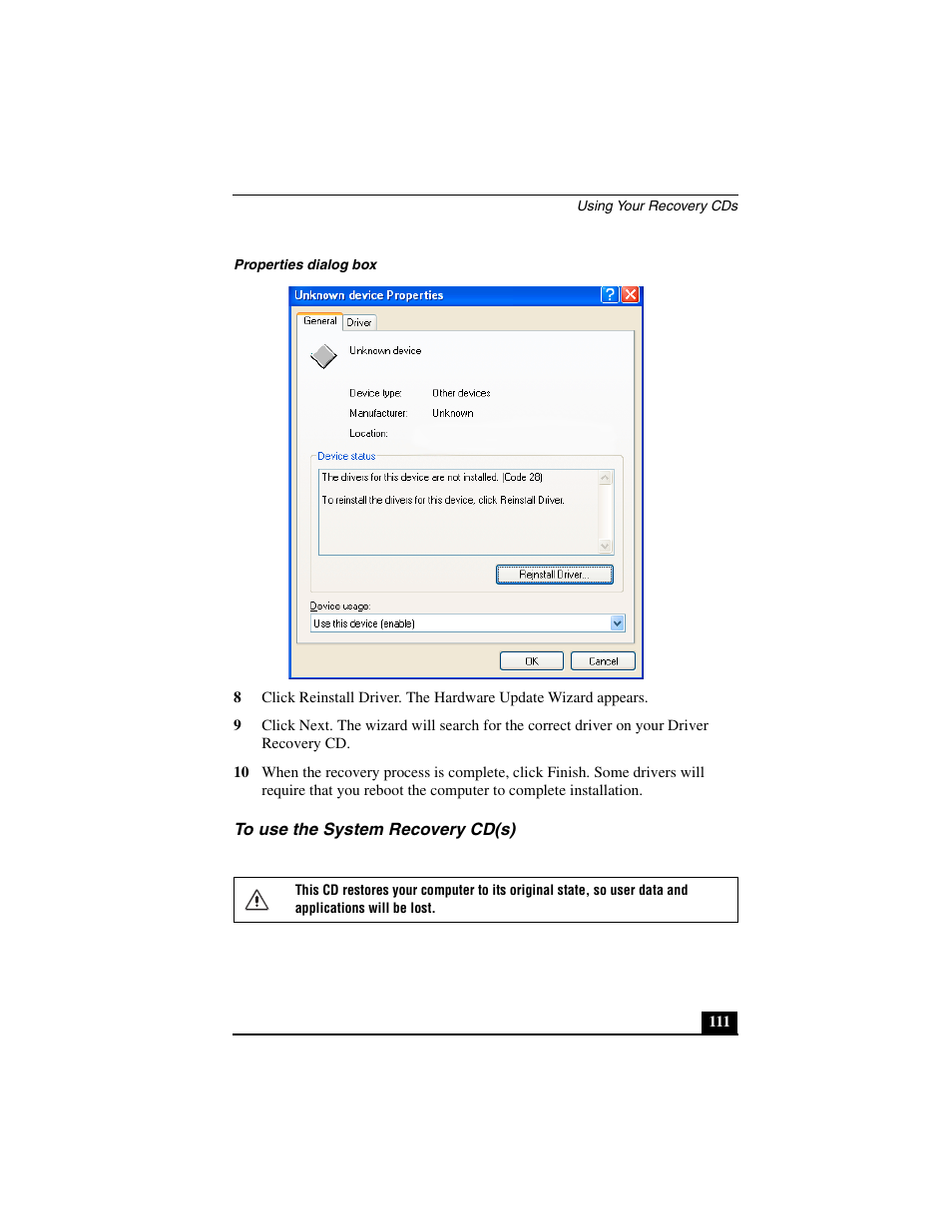 To use the system recovery cd(s) | Sony PCG-C1MVMP User Manual | Page 111 / 147