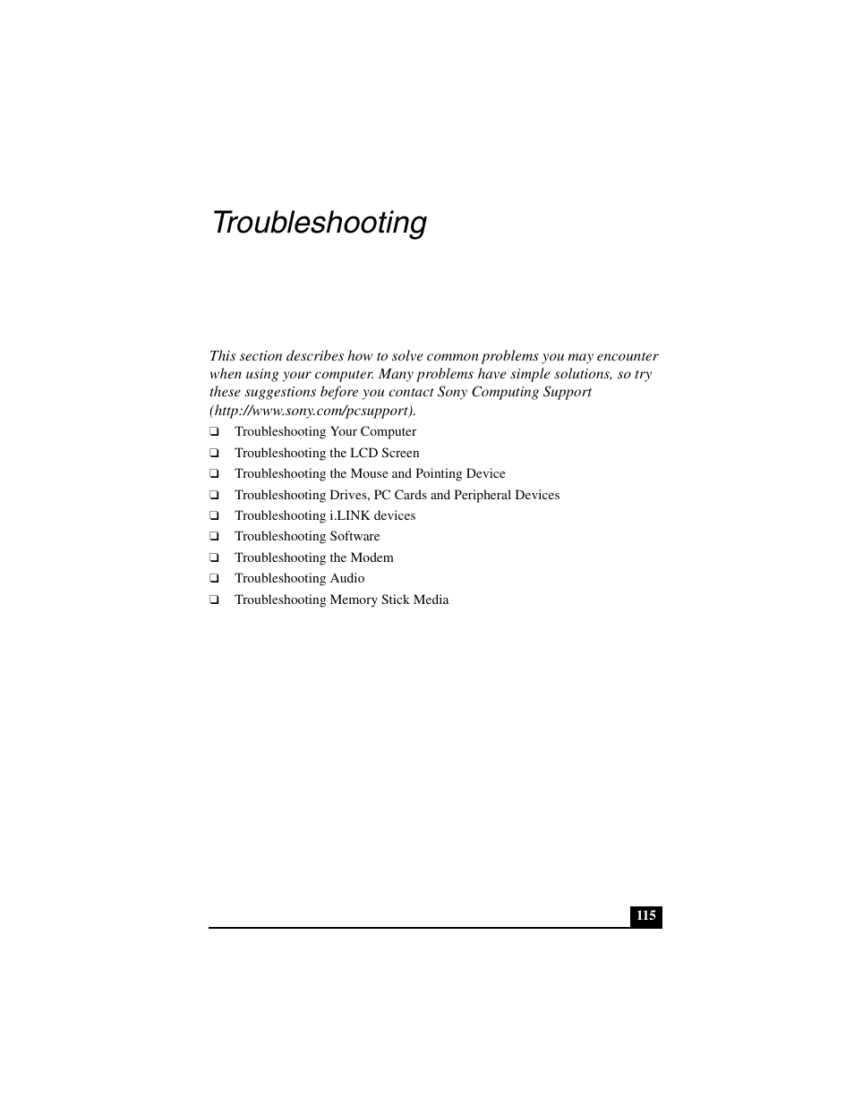 Troubleshooting | Sony PCG-C1MVMP User Manual | Page 115 / 147