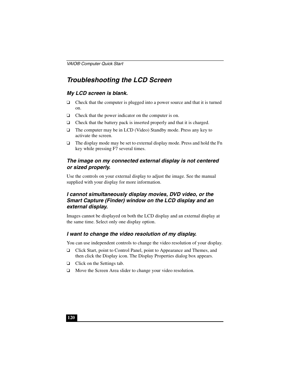 Troubleshooting the lcd screen, My lcd screen is blank | Sony PCG-C1MVMP User Manual | Page 120 / 147