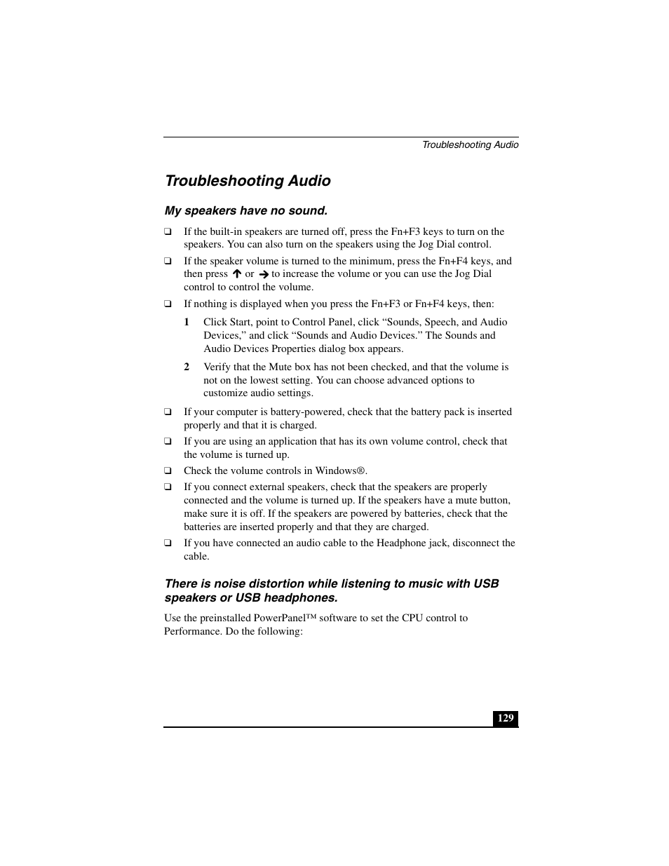 Troubleshooting audio, My speakers have no sound, Speakers or usb headphones | Sony PCG-C1MVMP User Manual | Page 129 / 147