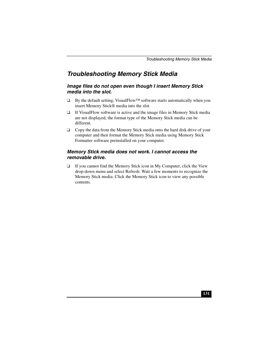 Troubleshooting memory stick media | Sony PCG-C1MVMP User Manual | Page 131 / 147