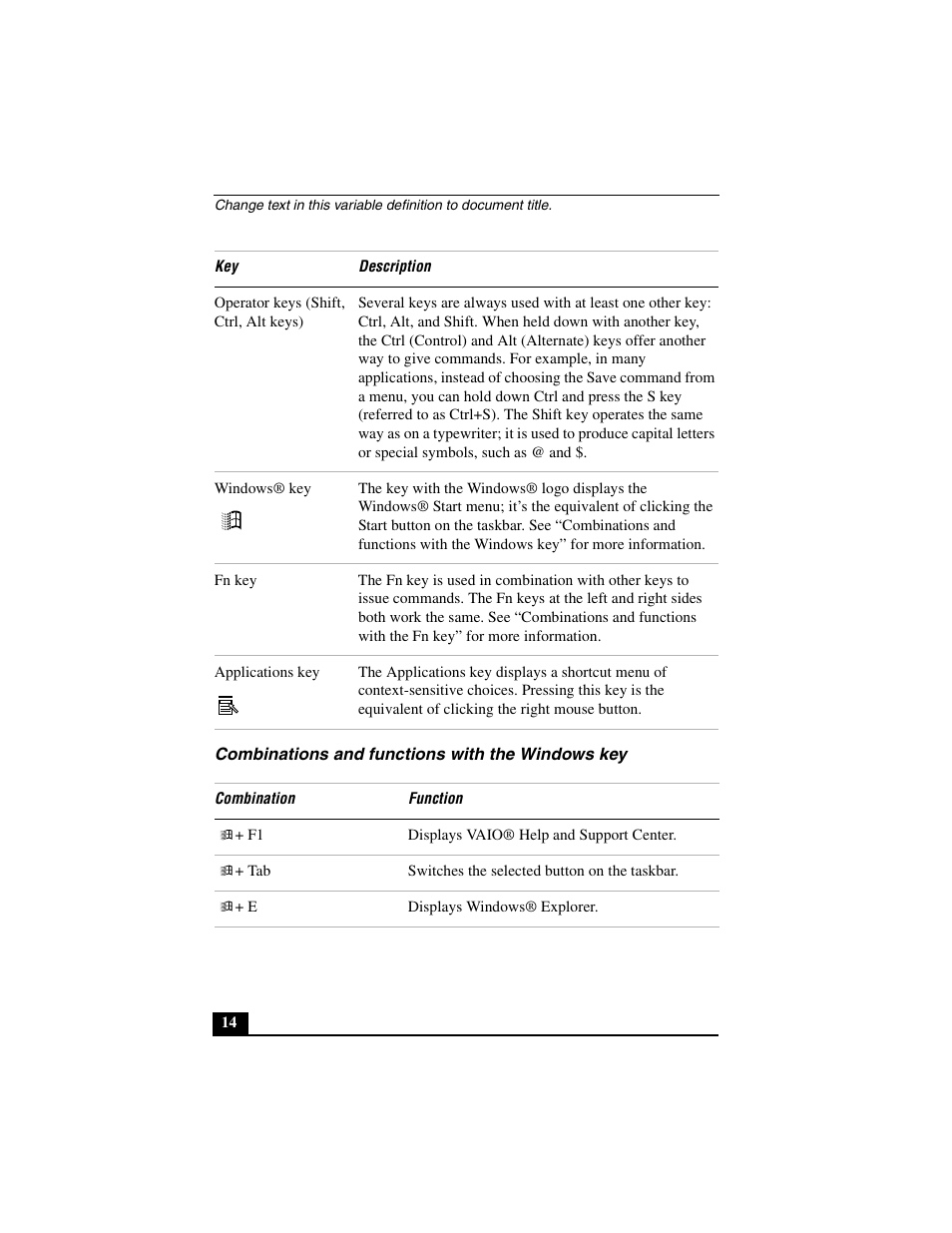 Combinations and functions with the windows key | Sony PCG-C1MVMP User Manual | Page 14 / 147