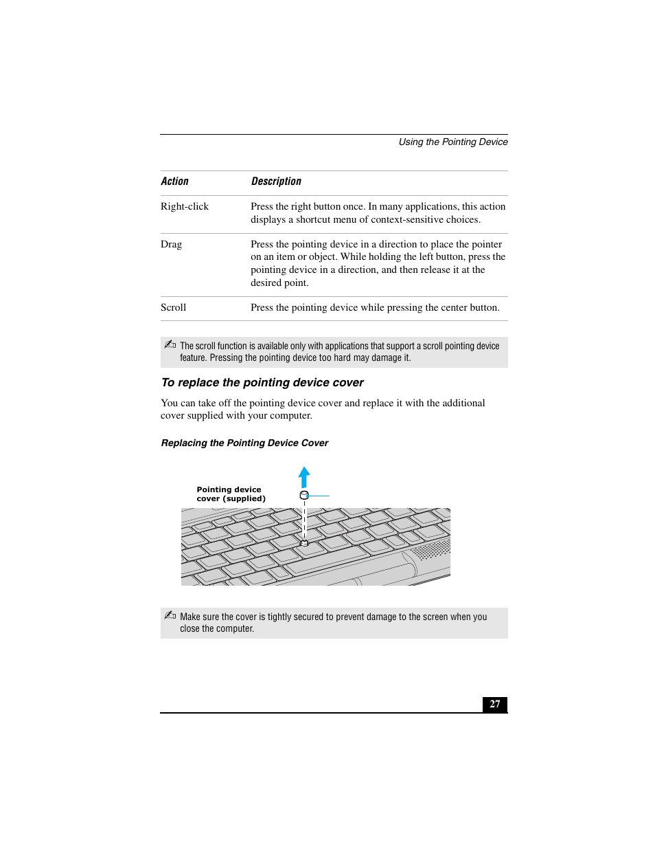 To replace the pointing device cover | Sony PCG-C1MVMP User Manual | Page 27 / 147