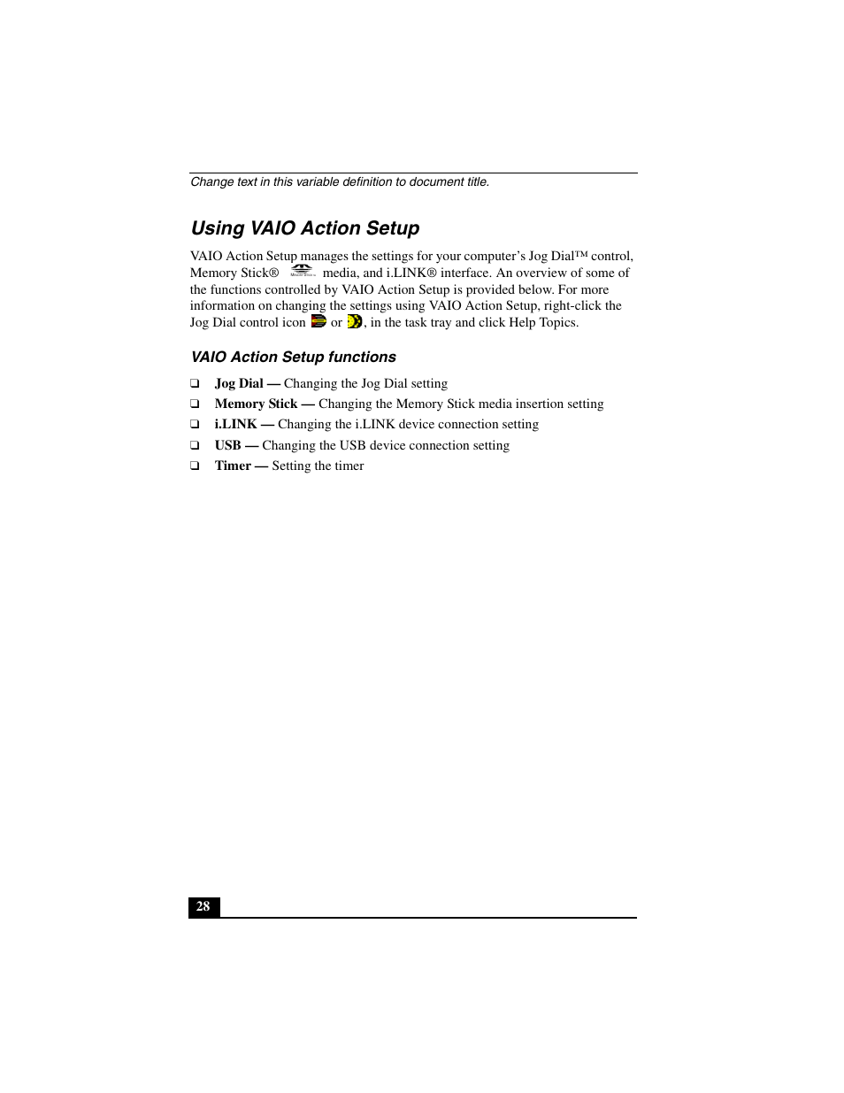 Using vaio action setup, Vaio action setup functions | Sony PCG-C1MVMP User Manual | Page 28 / 147