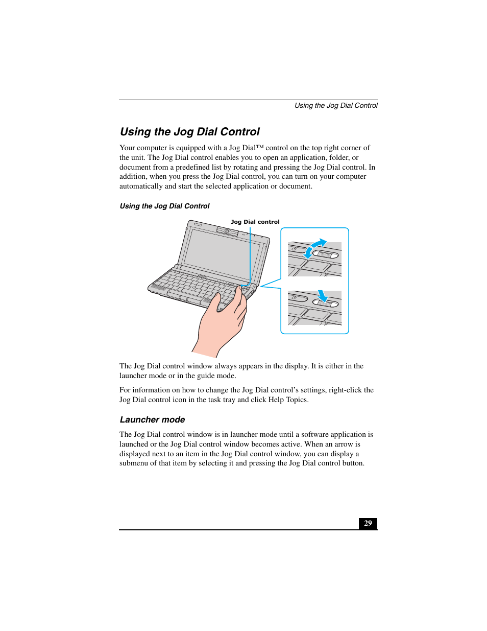 Using the jog dial control, Launcher mode | Sony PCG-C1MVMP User Manual | Page 29 / 147