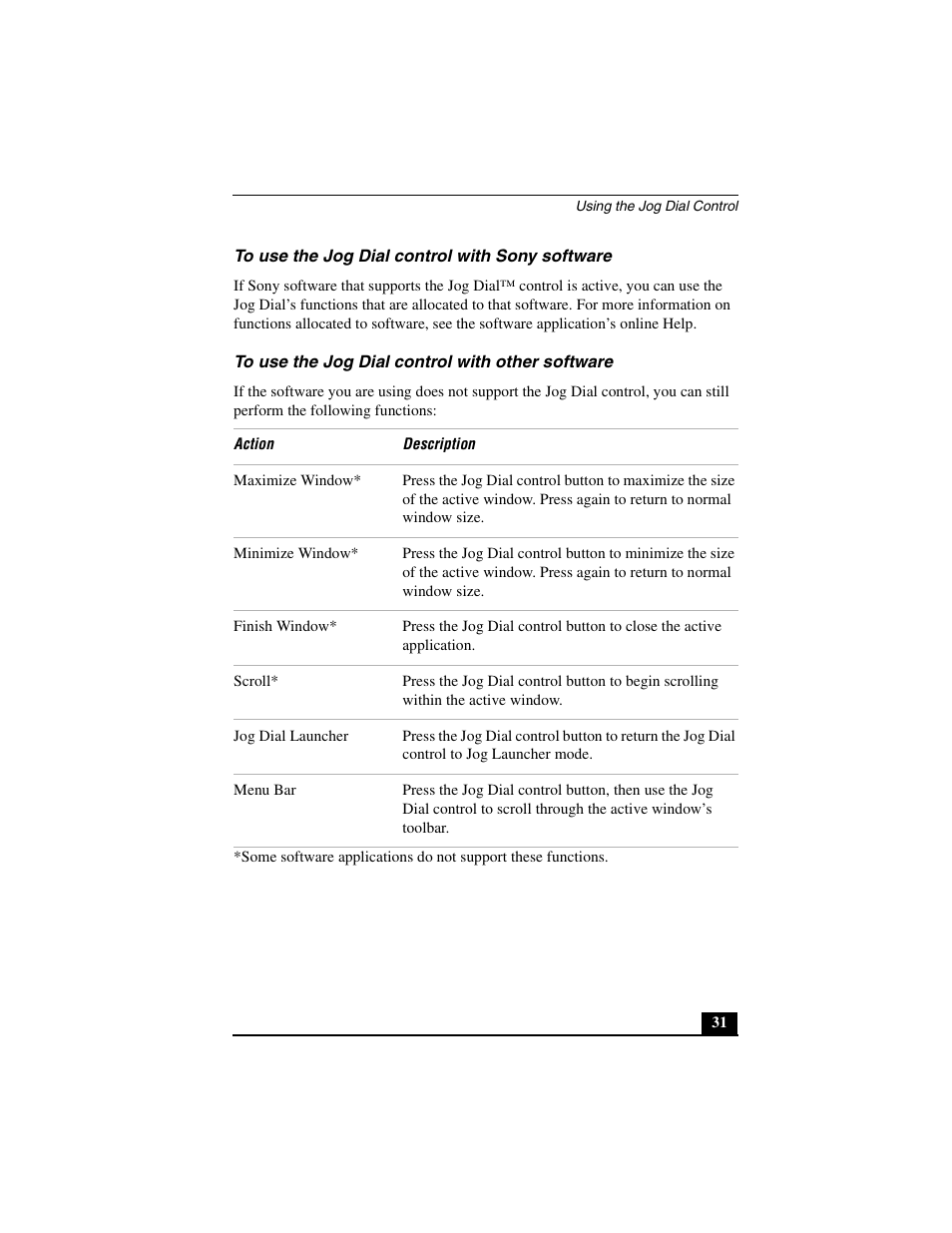 To use the jog dial control with sony software, To use the jog dial control with other software | Sony PCG-C1MVMP User Manual | Page 31 / 147