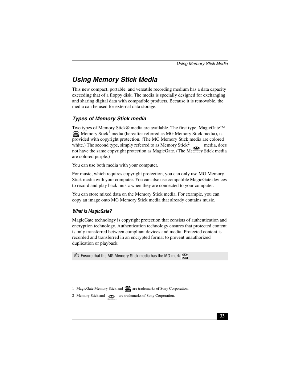 Using memory stick media, Types of memory stick media | Sony PCG-C1MVMP User Manual | Page 33 / 147