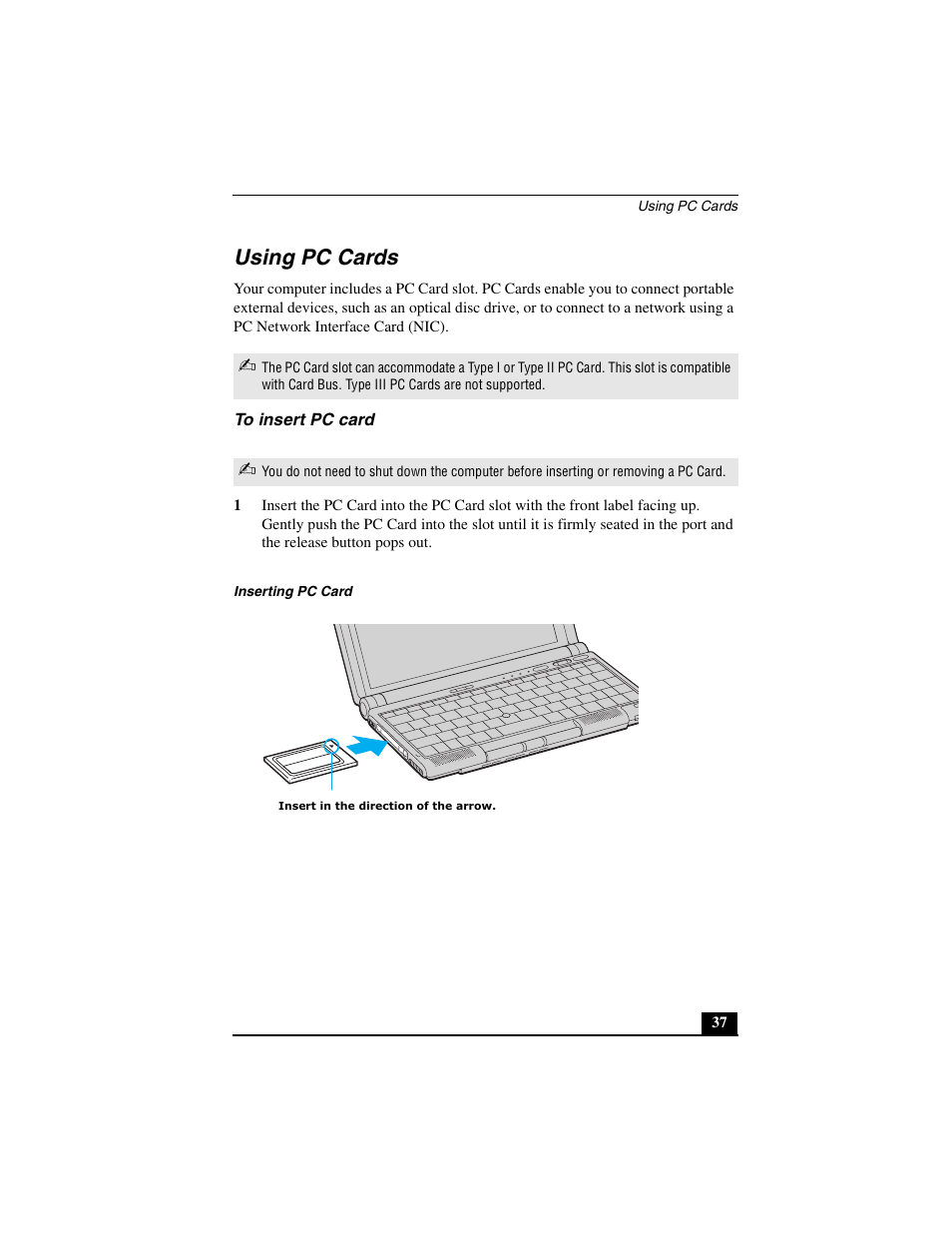 Using pc cards, To insert pc card | Sony PCG-C1MVMP User Manual | Page 37 / 147