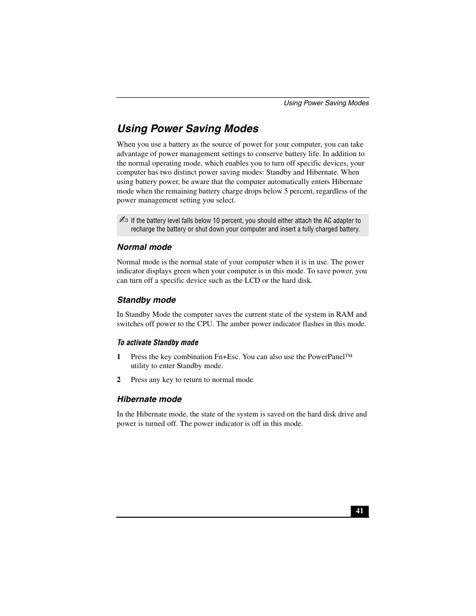 Using power saving modes, Normal mode, Standby mode | Hibernate mode, Normal mode standby mode hibernate mode | Sony PCG-C1MVMP User Manual | Page 41 / 147