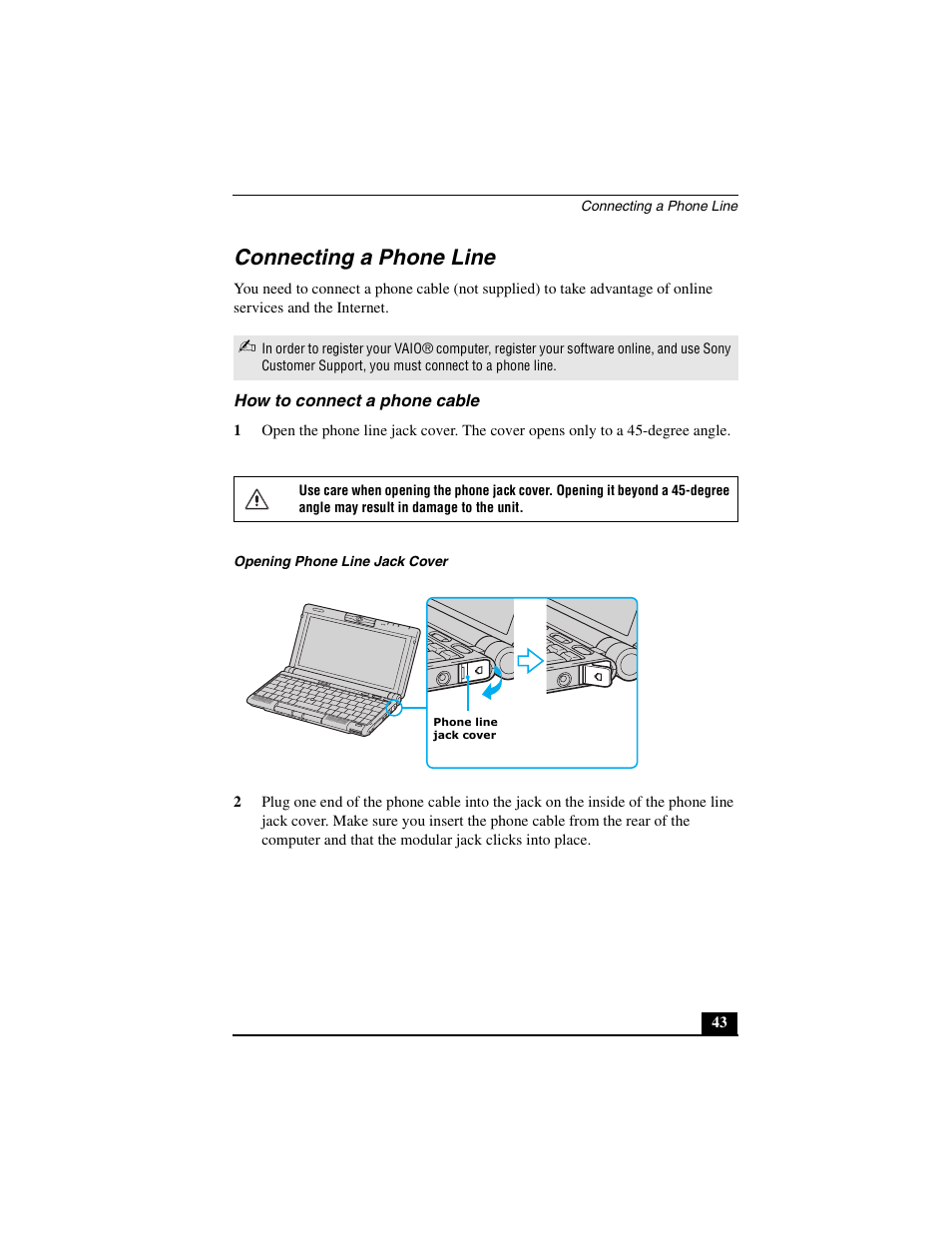 Connecting a phone line, How to connect a phone cable | Sony PCG-C1MVMP User Manual | Page 43 / 147