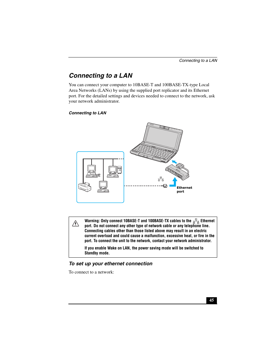 Connecting to a lan, To set up your ethernet connection | Sony PCG-C1MVMP User Manual | Page 45 / 147