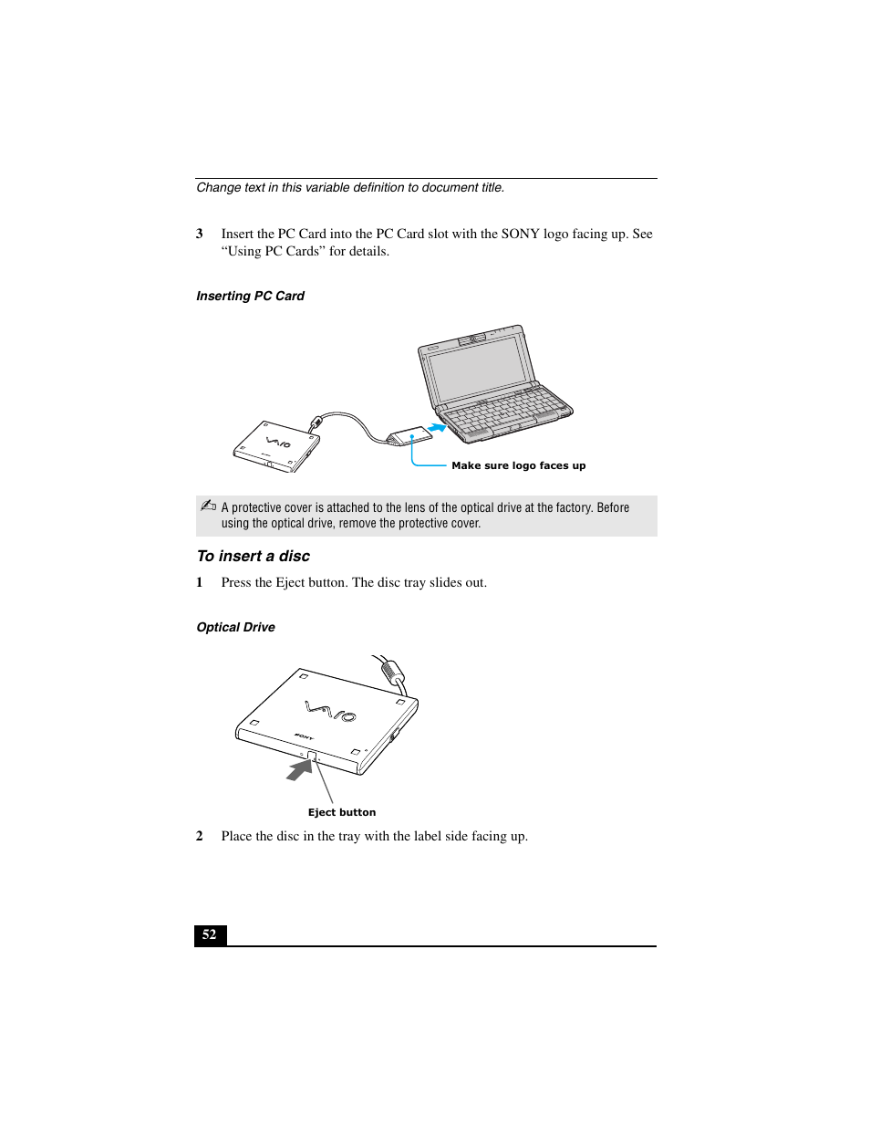 To insert a disc | Sony PCG-C1MVMP User Manual | Page 52 / 147