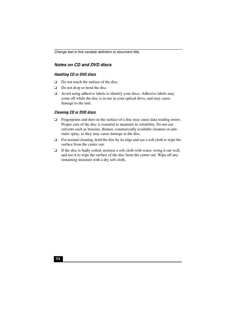 Notes on cd and dvd discs | Sony PCG-C1MVMP User Manual | Page 54 / 147