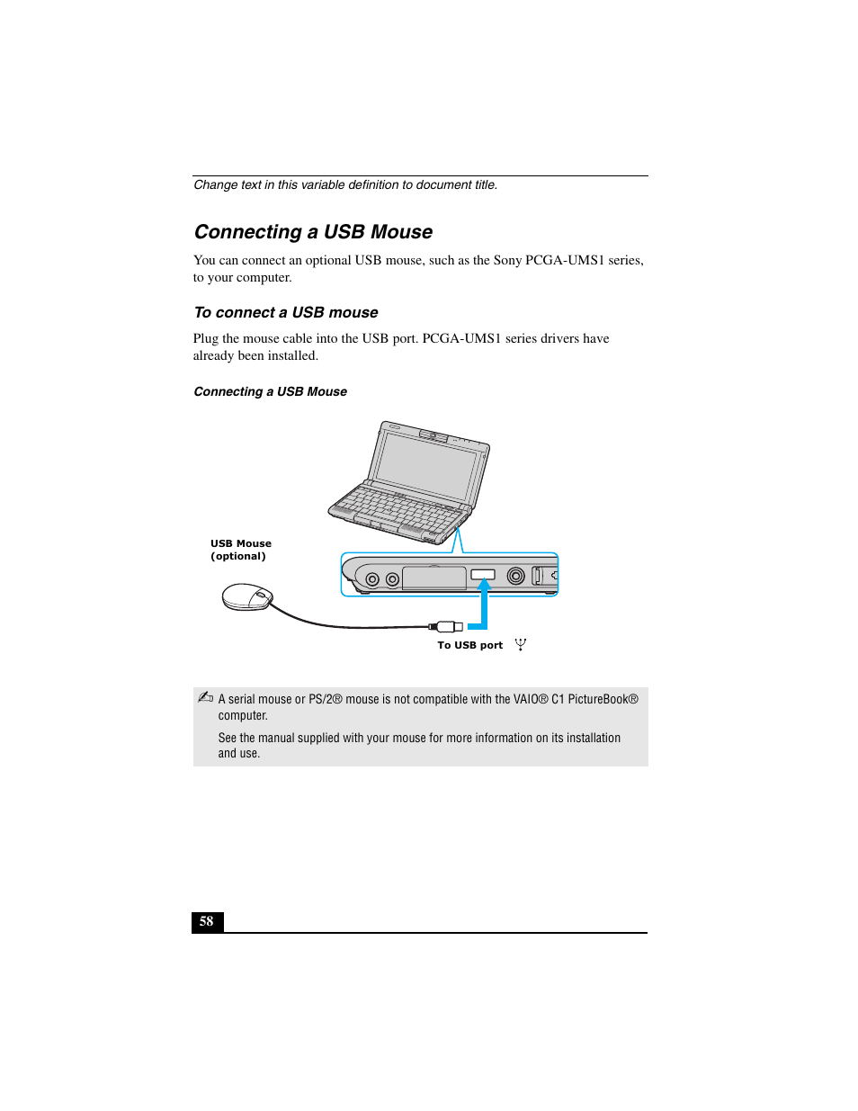 Connecting a usb mouse, To connect a usb mouse | Sony PCG-C1MVMP User Manual | Page 58 / 147