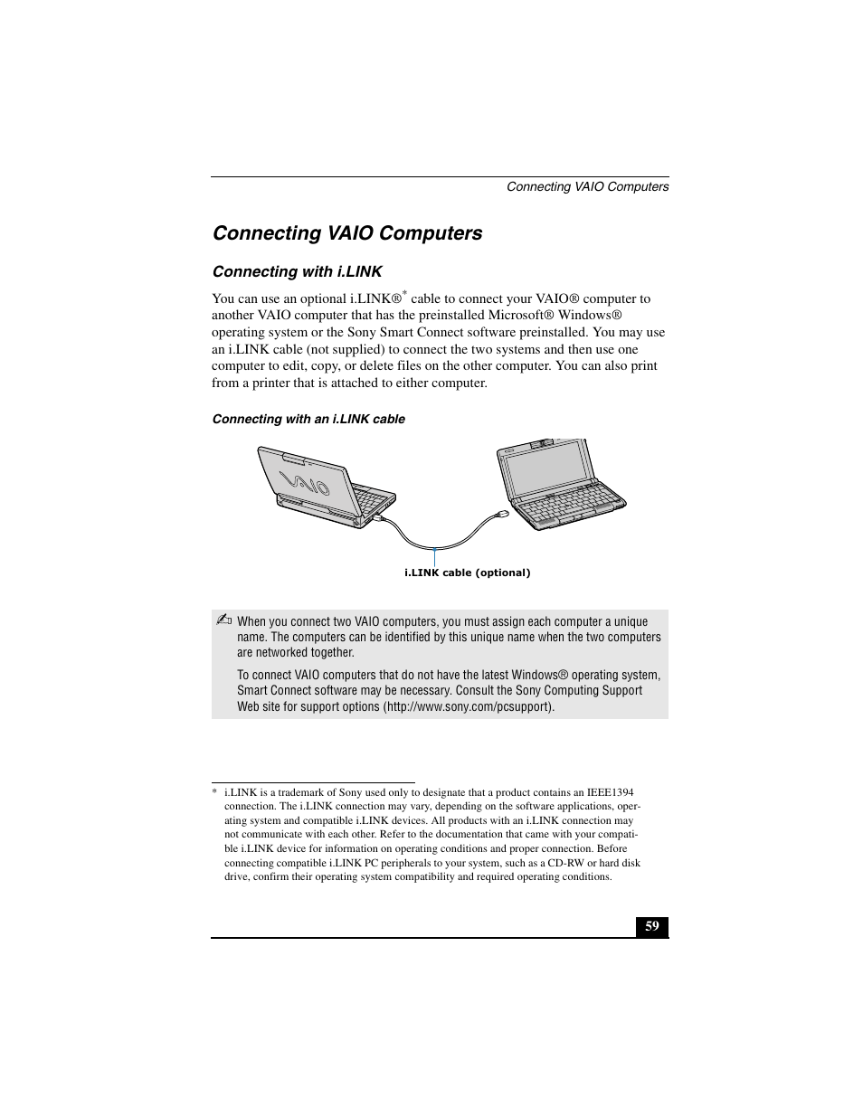 Connecting vaio computers, Connecting with i.link | Sony PCG-C1MVMP User Manual | Page 59 / 147