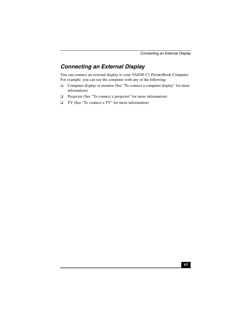 Connecting an external display | Sony PCG-C1MVMP User Manual | Page 63 / 147