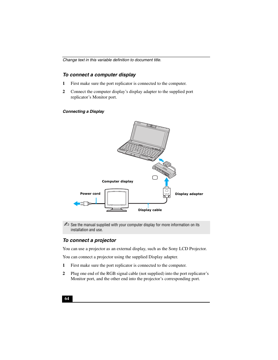 To connect a computer display, To connect a projector | Sony PCG-C1MVMP User Manual | Page 64 / 147