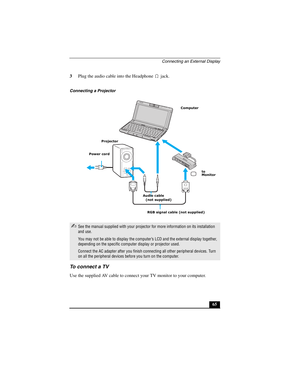 To connect a tv | Sony PCG-C1MVMP User Manual | Page 65 / 147