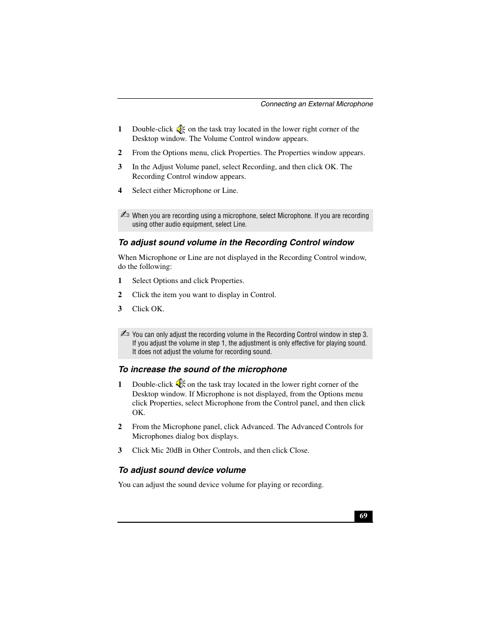 To increase the sound of the microphone, To adjust sound device volume | Sony PCG-C1MVMP User Manual | Page 69 / 147