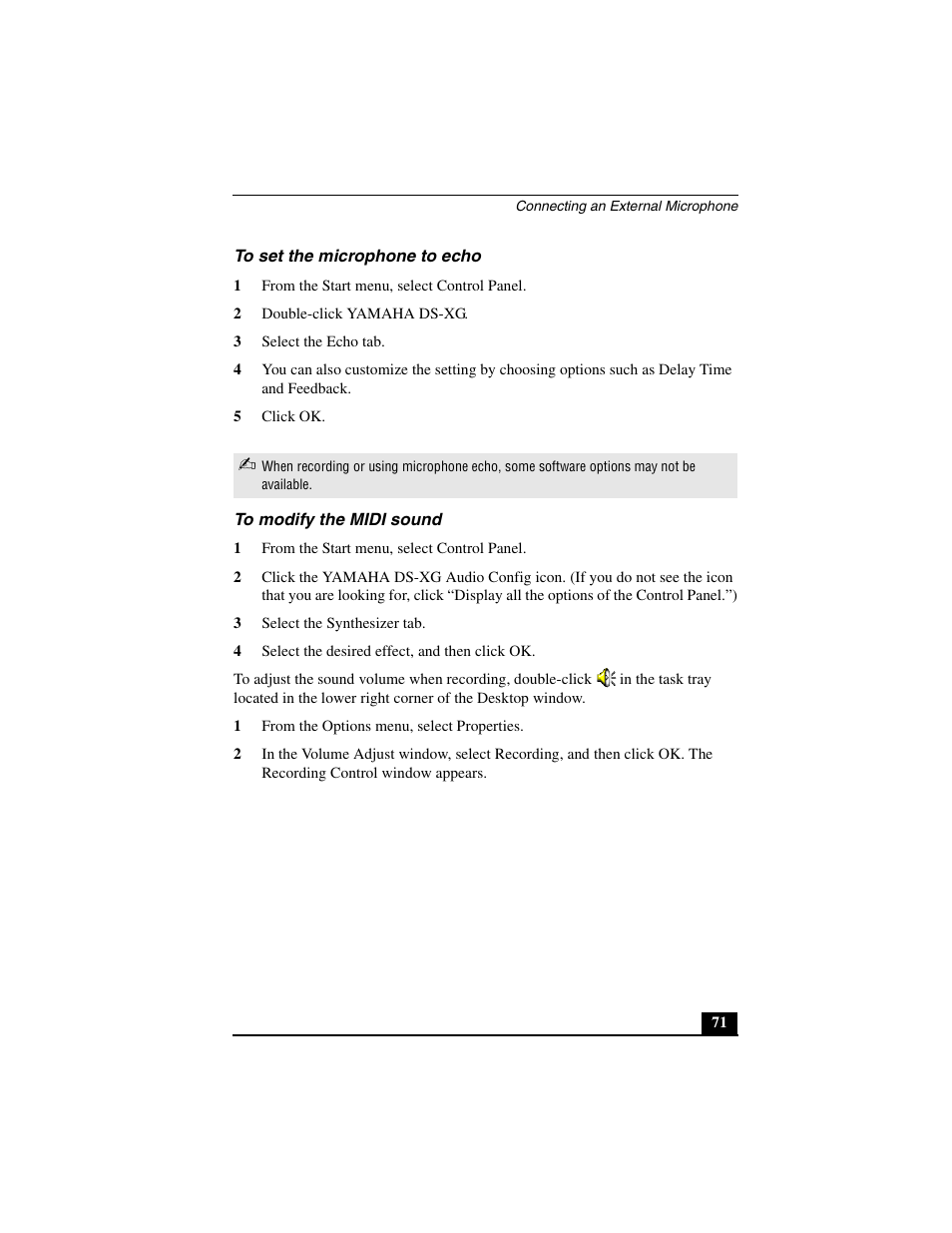 To set the microphone to echo, To modify the midi sound | Sony PCG-C1MVMP User Manual | Page 71 / 147