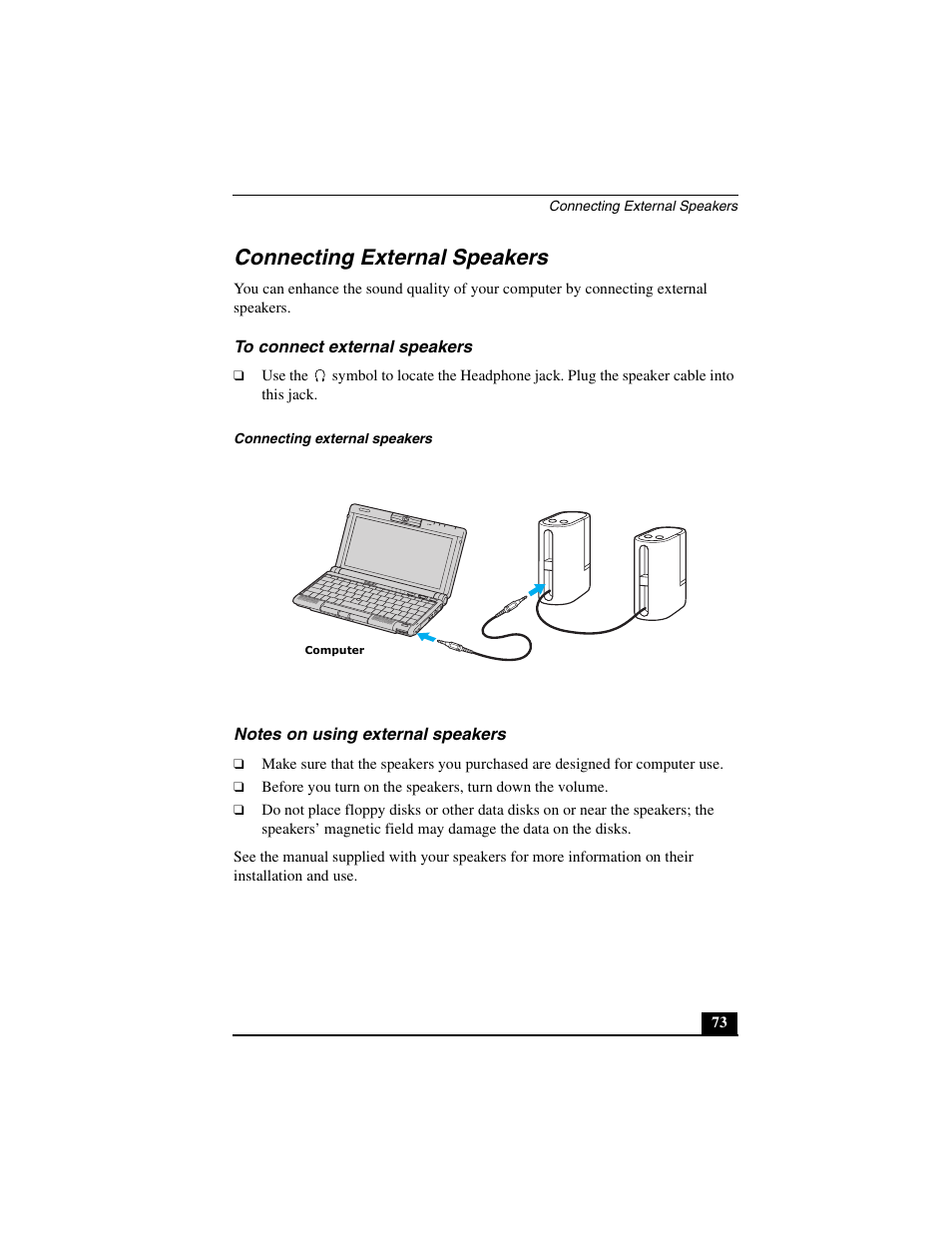 Connecting external speakers, To connect external speakers, Notes on using external speakers | Sony PCG-C1MVMP User Manual | Page 73 / 147