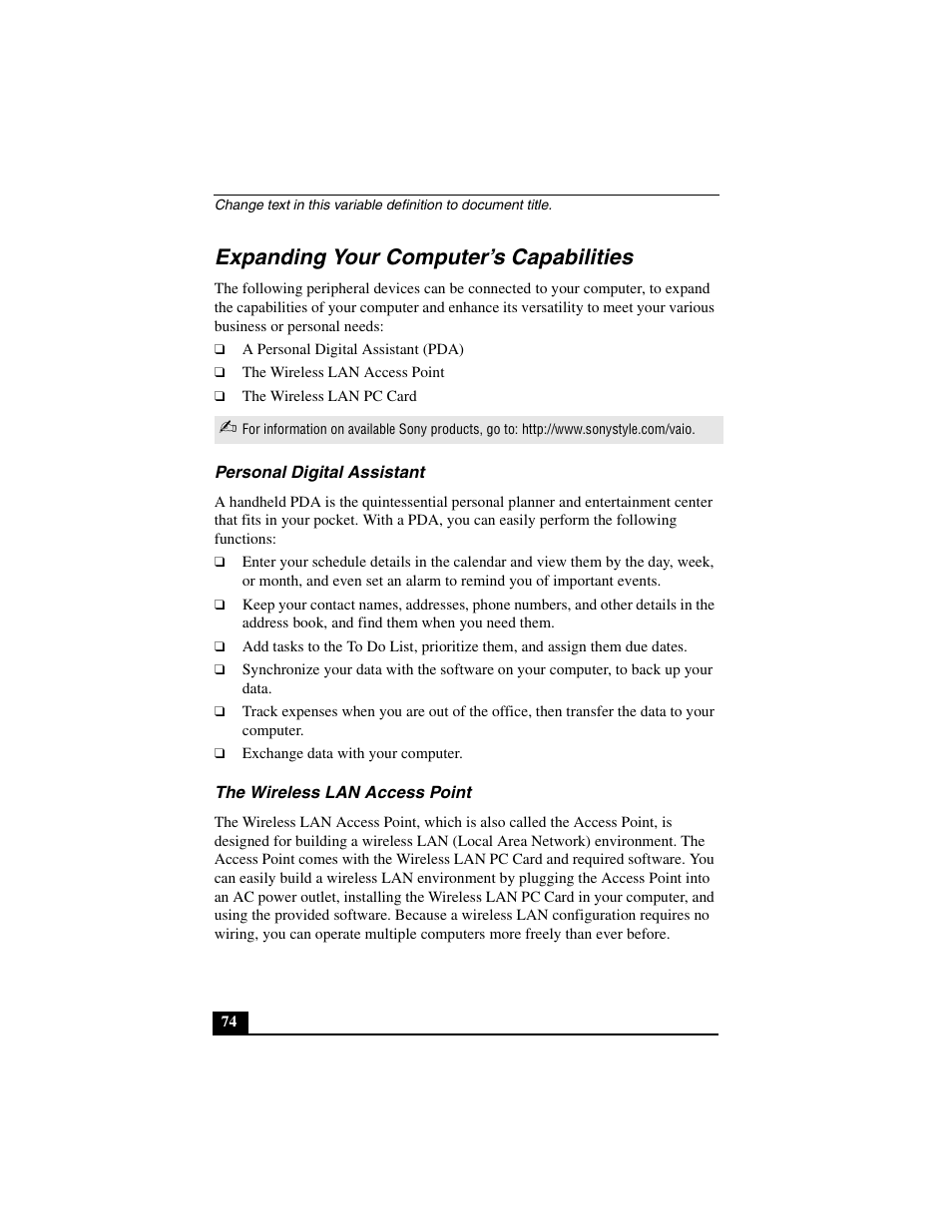 Expanding your computer’s capabilities, Personal digital assistant, The wireless lan access point | Sony PCG-C1MVMP User Manual | Page 74 / 147