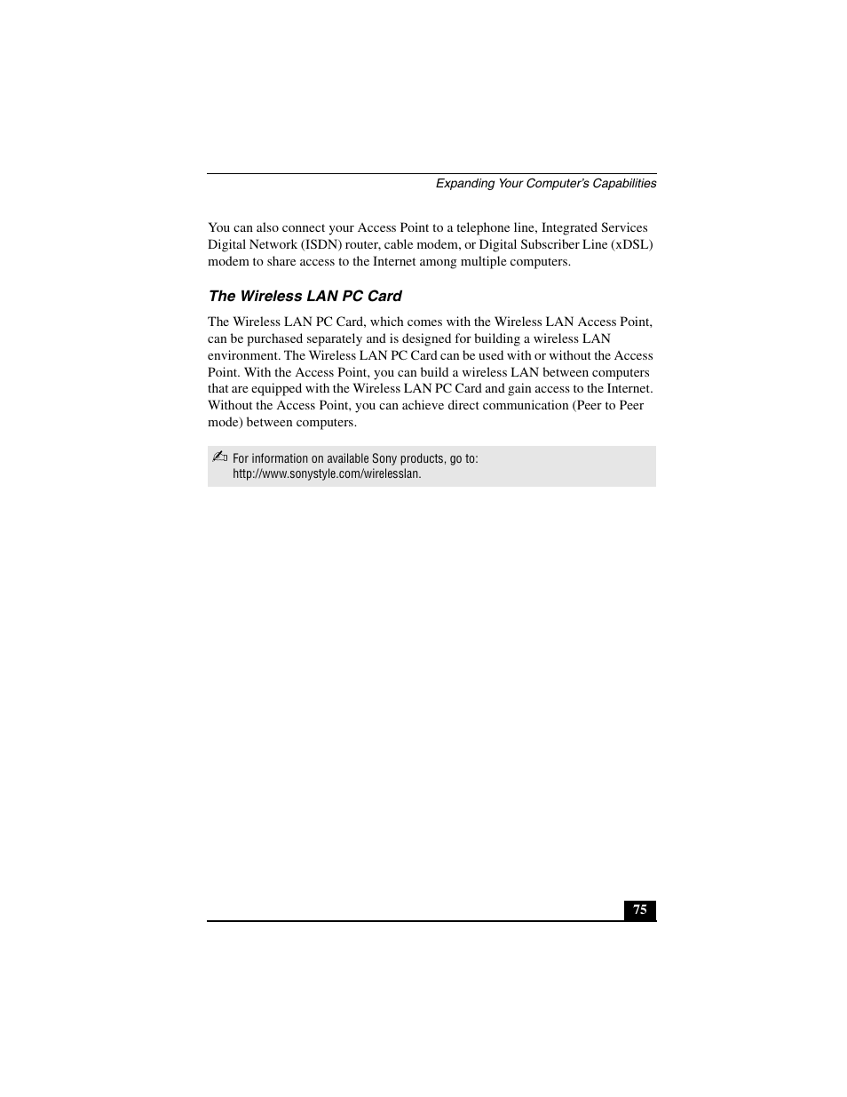 The wireless lan pc card | Sony PCG-C1MVMP User Manual | Page 75 / 147