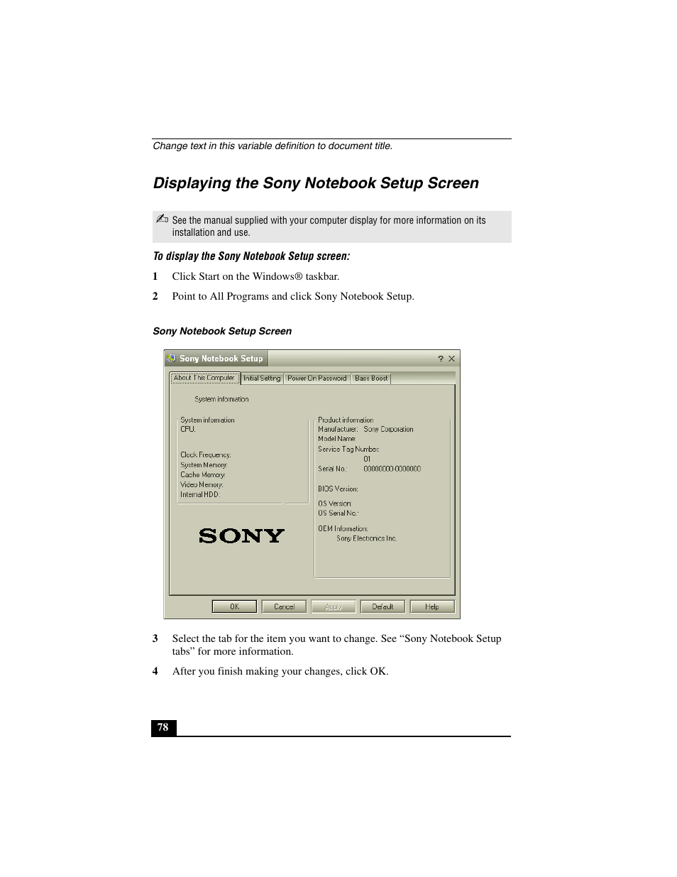 Displaying the sony notebook setup screen | Sony PCG-C1MVMP User Manual | Page 78 / 147