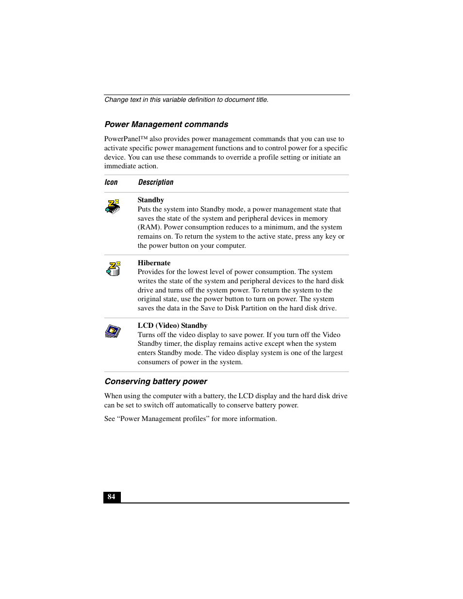 Power management commands, Conserving battery power, Power management commands conserving battery power | Sony PCG-C1MVMP User Manual | Page 84 / 147