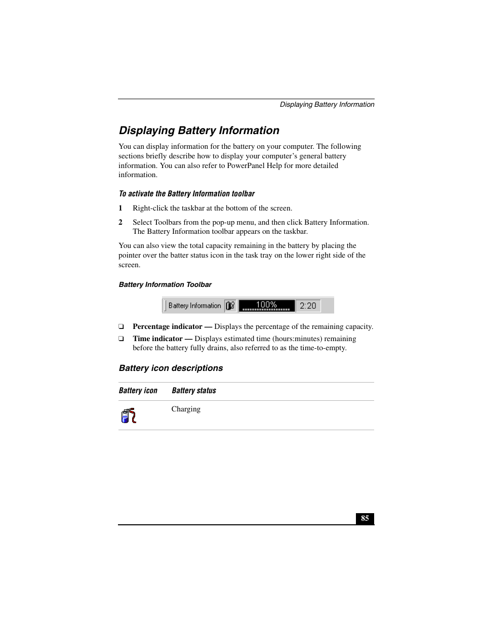 Displaying battery information, Battery icon descriptions | Sony PCG-C1MVMP User Manual | Page 85 / 147