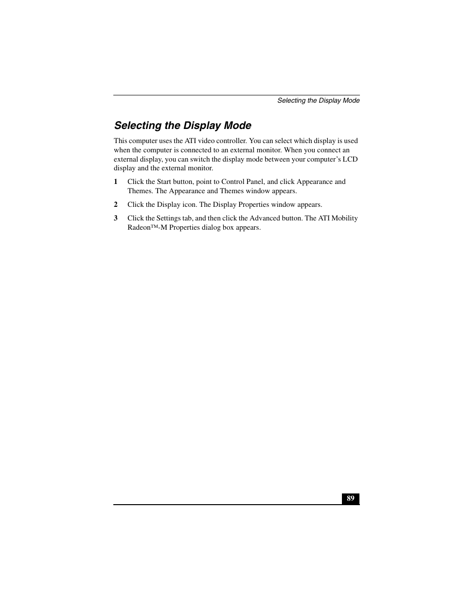 Selecting the display mode | Sony PCG-C1MVMP User Manual | Page 89 / 147