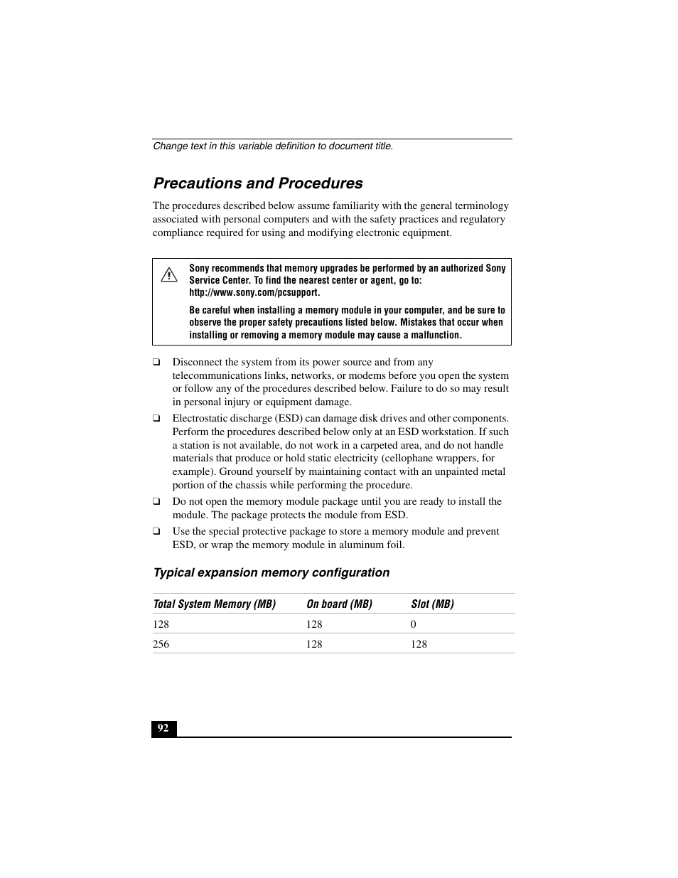 Precautions and procedures, Typical expansion memory configuration | Sony PCG-C1MVMP User Manual | Page 92 / 147