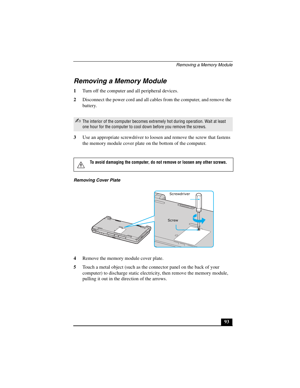 Removing a memory module | Sony PCG-C1MVMP User Manual | Page 93 / 147