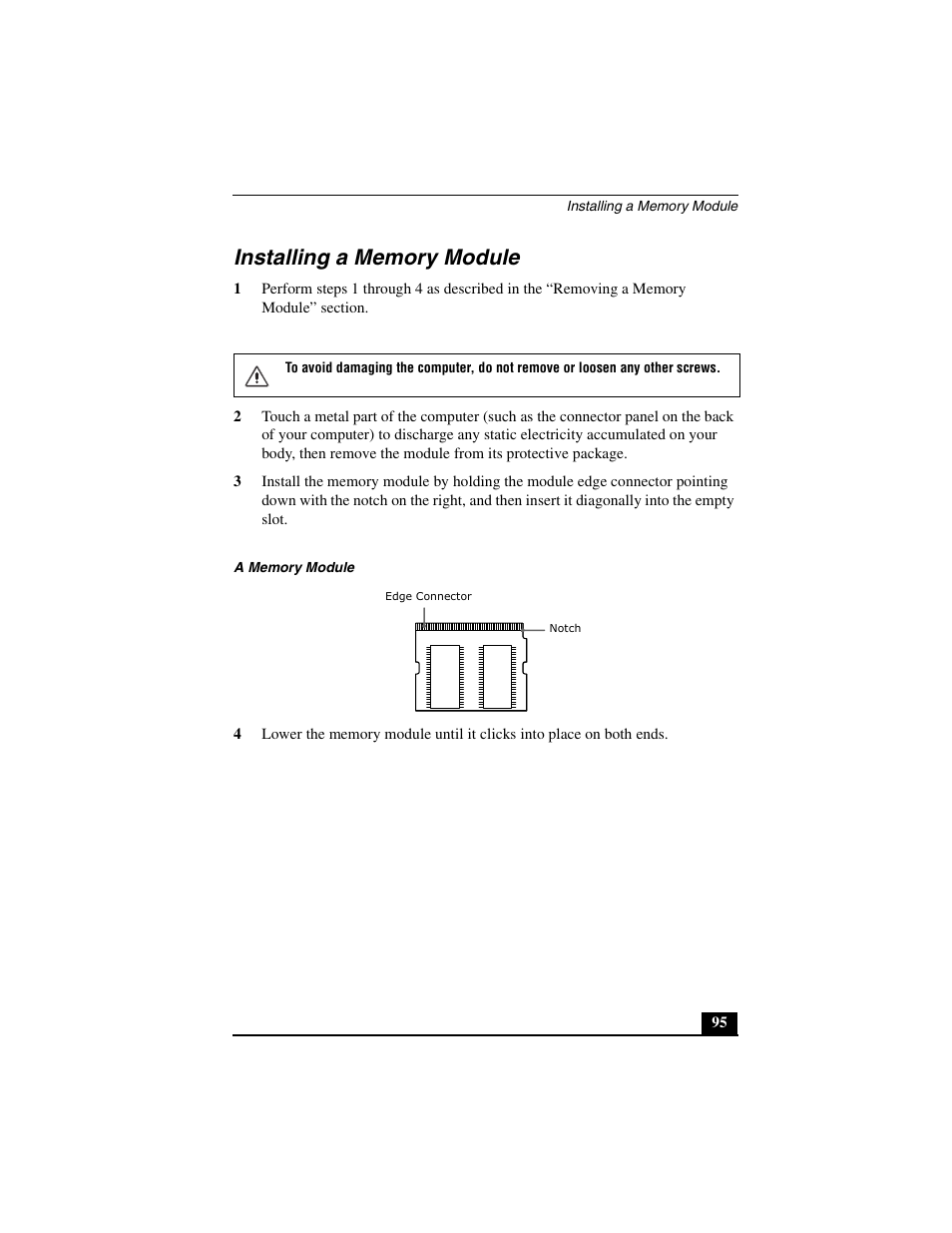 Installing a memory module | Sony PCG-C1MVMP User Manual | Page 95 / 147