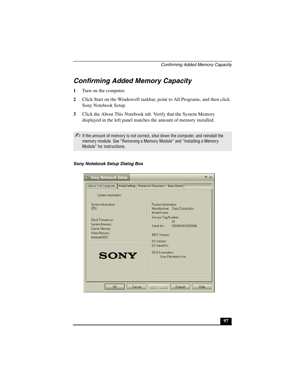 Confirming added memory capacity | Sony PCG-C1MVMP User Manual | Page 97 / 147